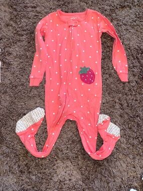 Carter's Coral Pink Polka Dot Strawberry Footed One-Piece